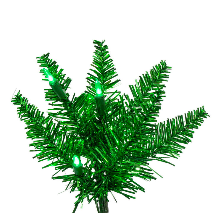 Green Tinsel Pencil Tree - 6.5' x 28" Pre-Lit With 400 Dura Lit Green LED Mini Lights