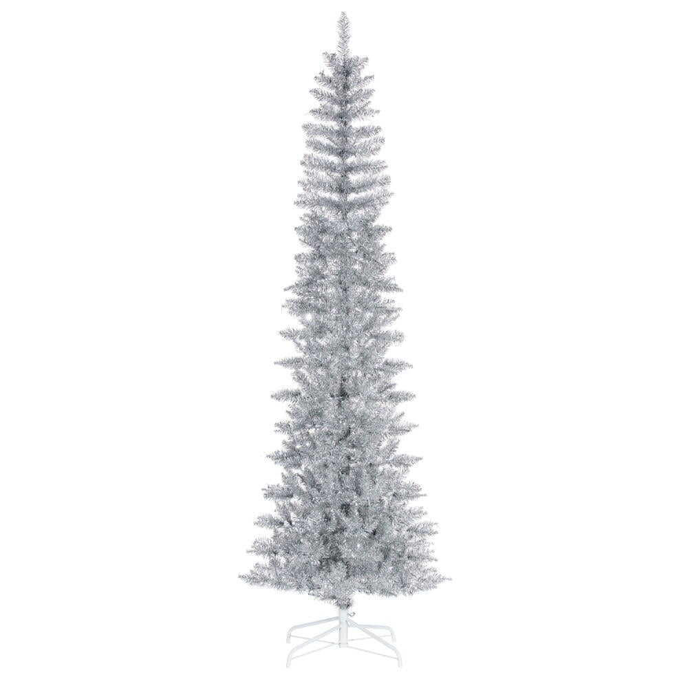 Silver RGB Pencil Fir Tree - 9' x 39" Pre-Lit With 648 RGB Color Changing LED Mini Lights