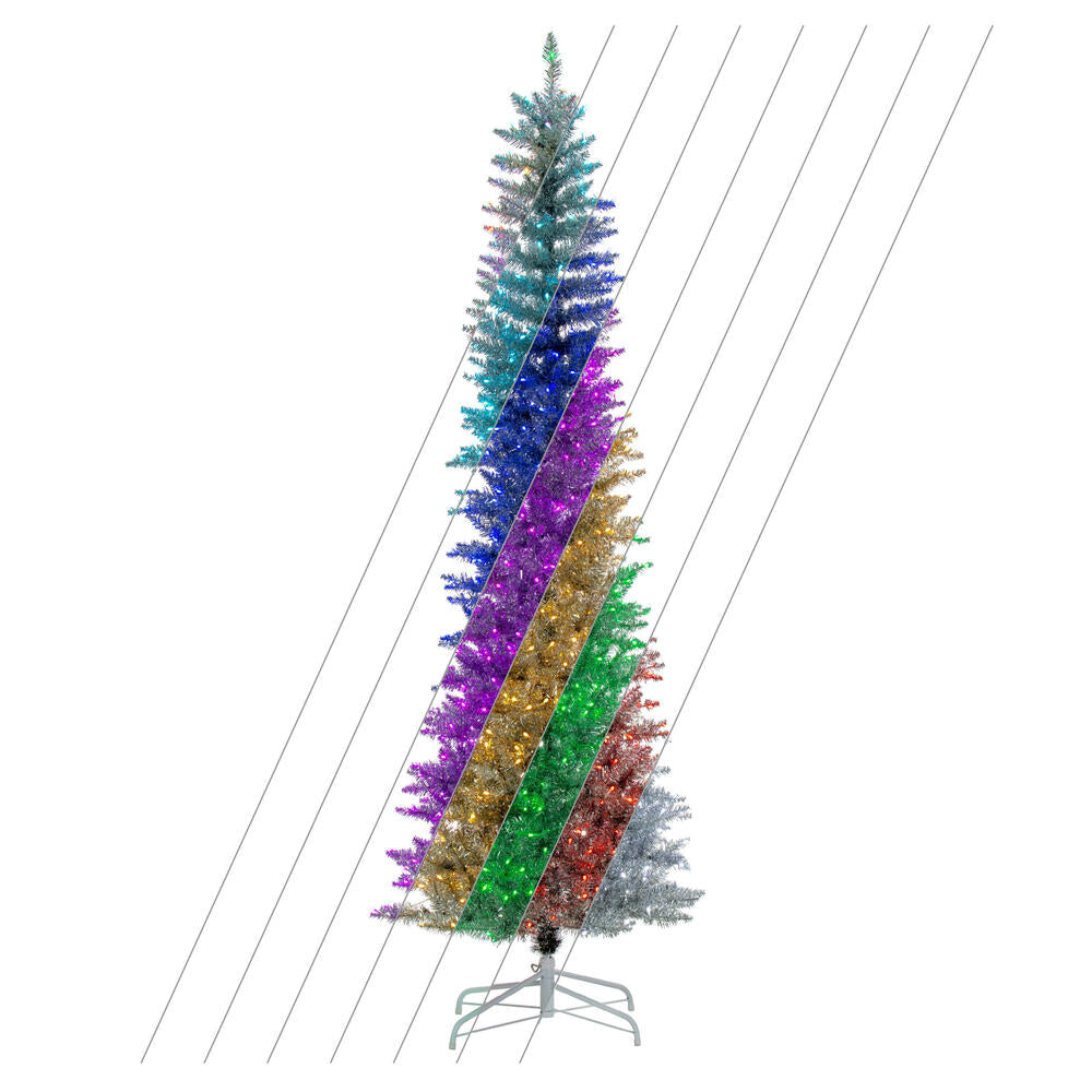 Silver RGB Pencil Fir Tree - 7.5'x 32" Pre-Lit With 450 RGB Color Changing LED Mini Lights