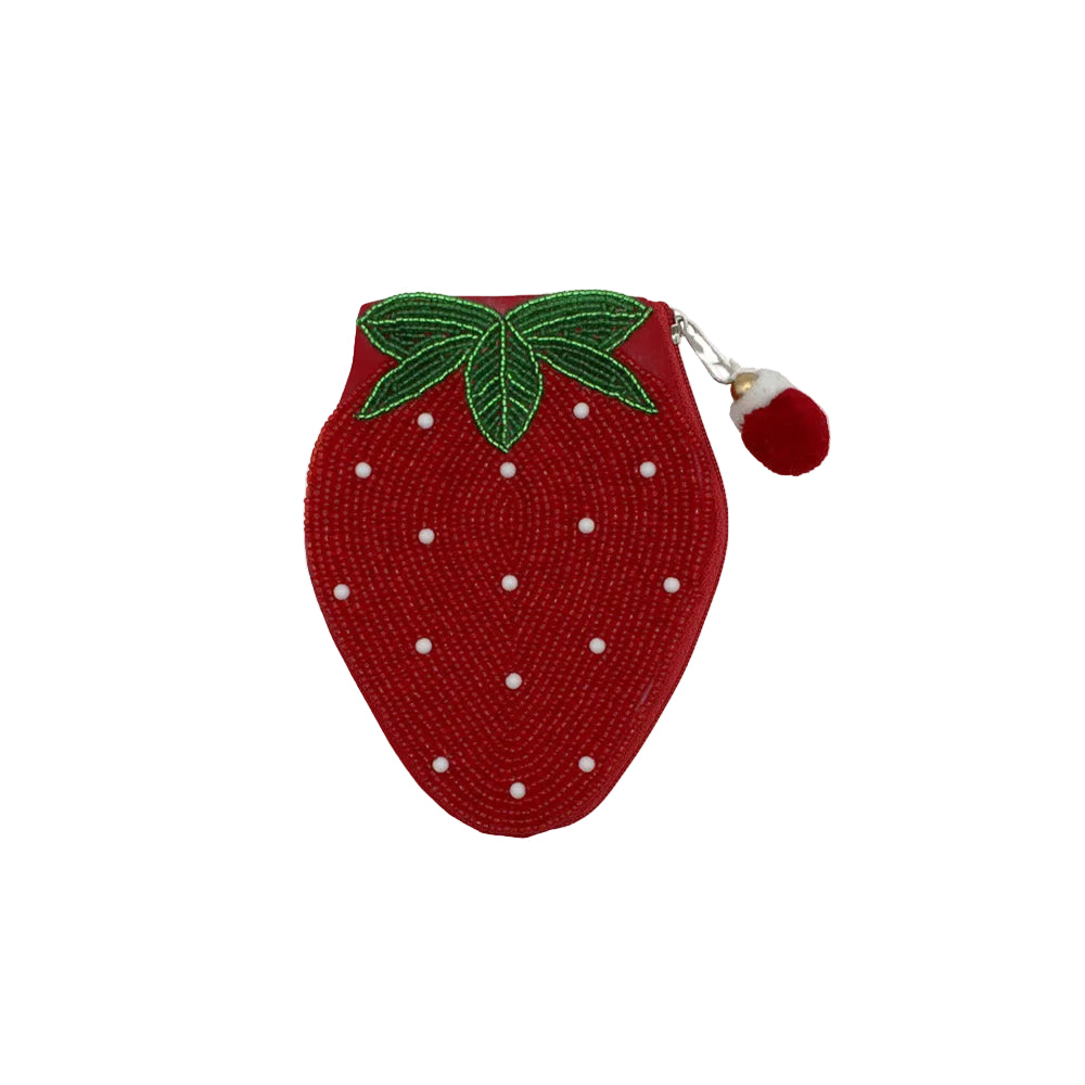 Red strawberry-shaped pouch with white polka dots and a green leaf on a white background