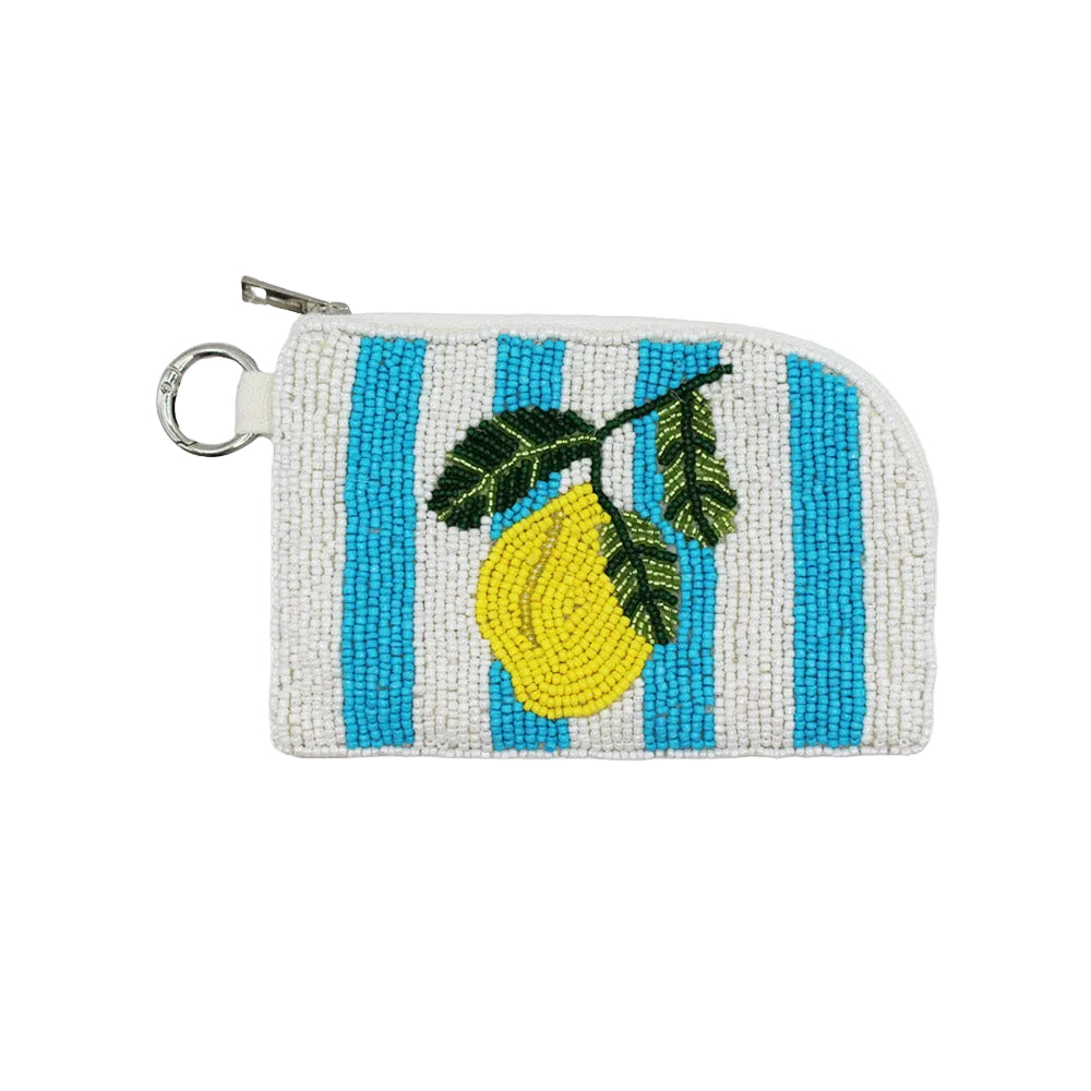 Lemon Turquoise Striped Beaded Keychain Pouch