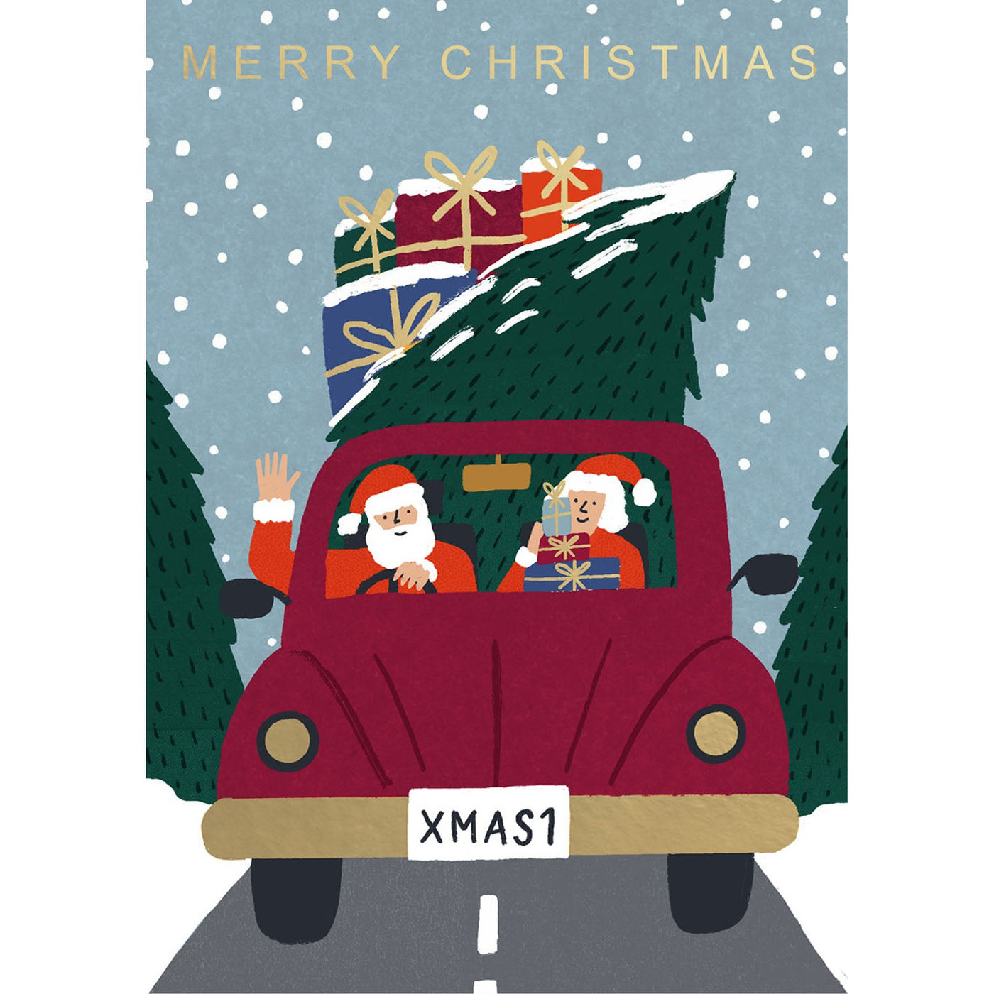 Santa And Mrs. Claus Driving Holiday Greeting Card