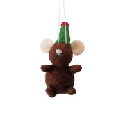 Handmade Wool Felt Mice Ornament - Green Santa Hat