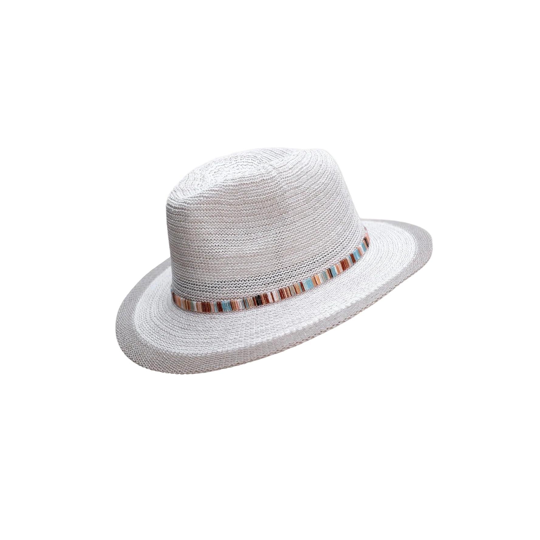 Natalie Hat - Snowdrop With Multi Stripe Band
