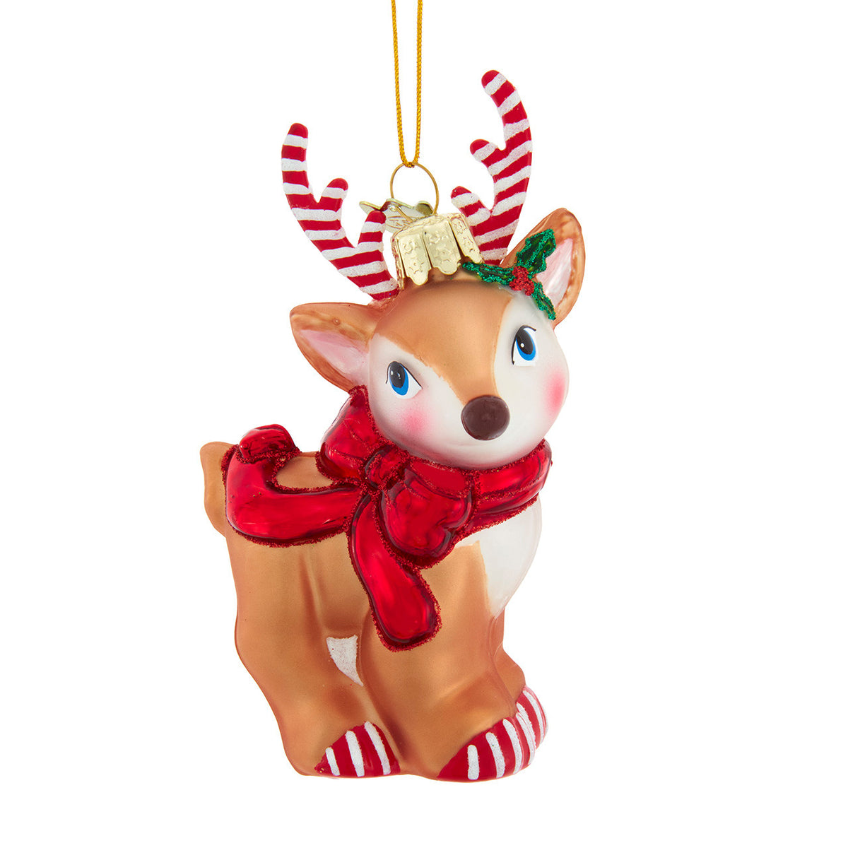 Reindeer With Shiny Bow & Candy Cane Antlers Ornament