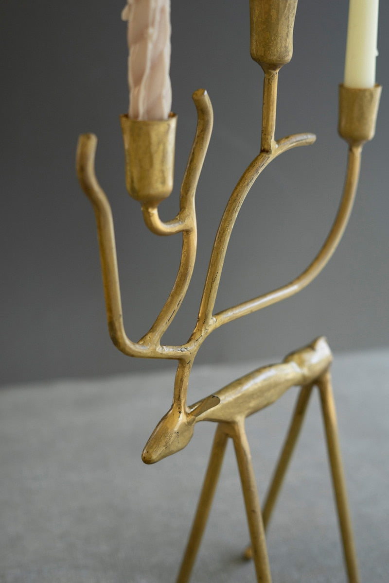 Antique Gold Forged Iron Christmas Deer Candelabras
