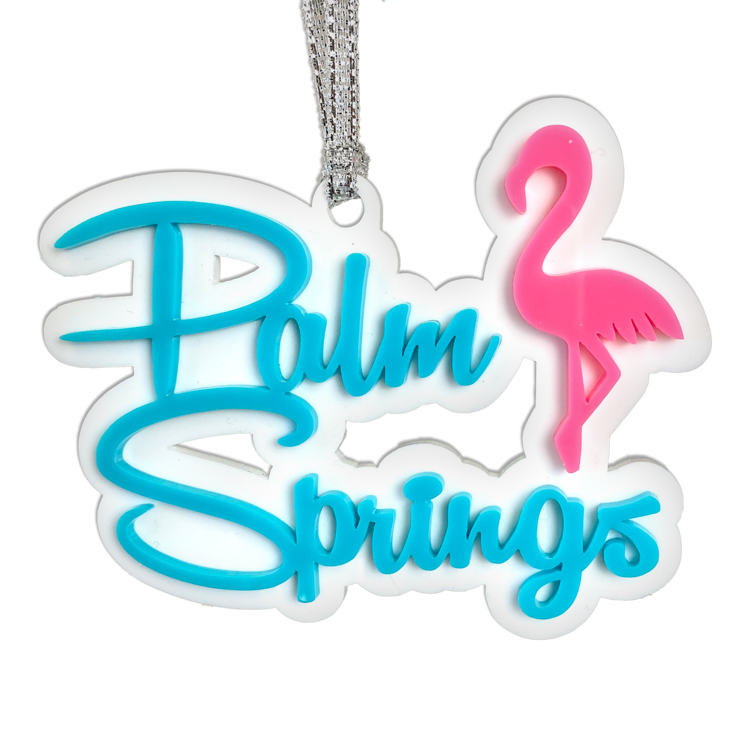 Palm Springs Script With Flamingo Ornament - Aqua - Just Fabulous Palm Springs