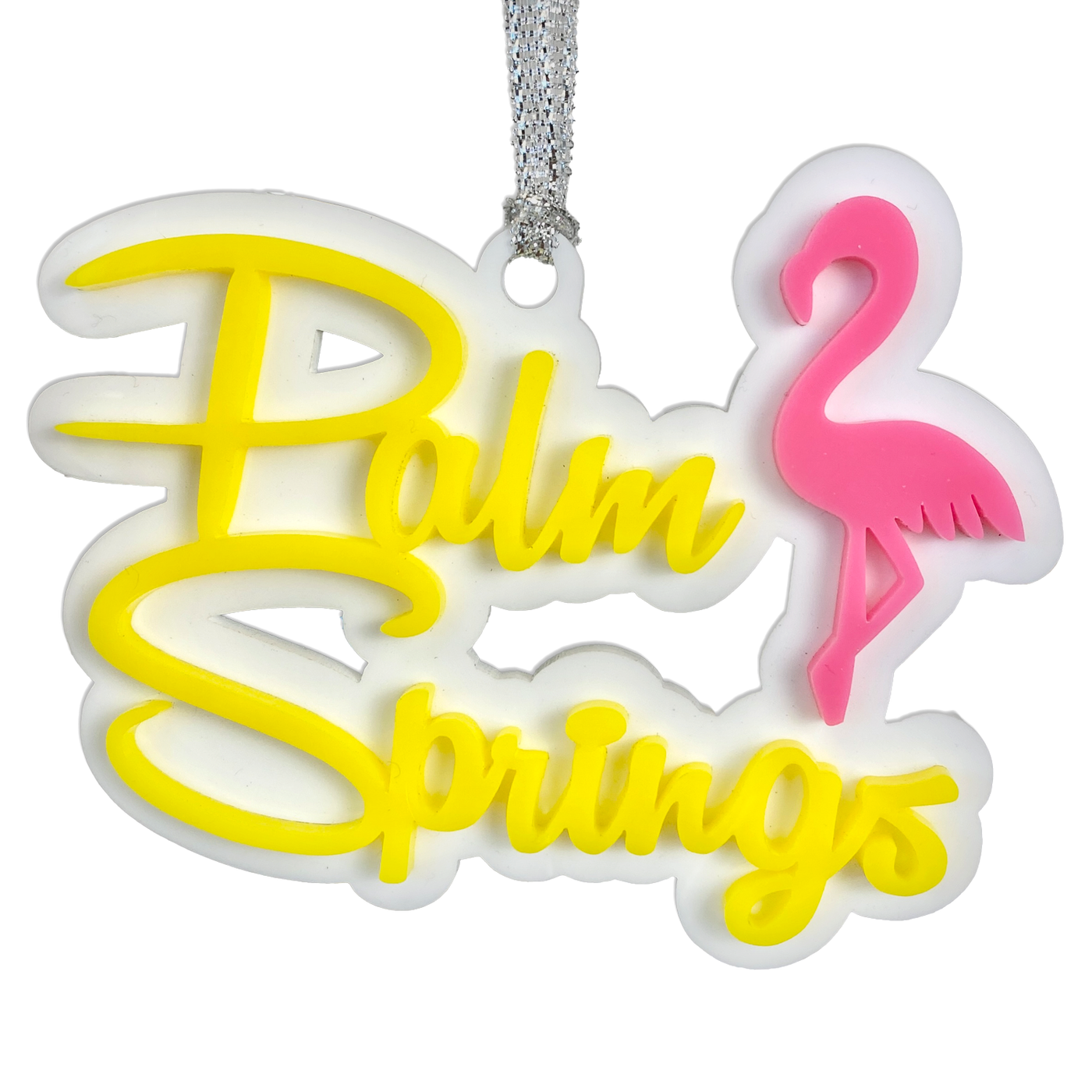 Palm Springs Script With Flamingo Ornament - Yellow
