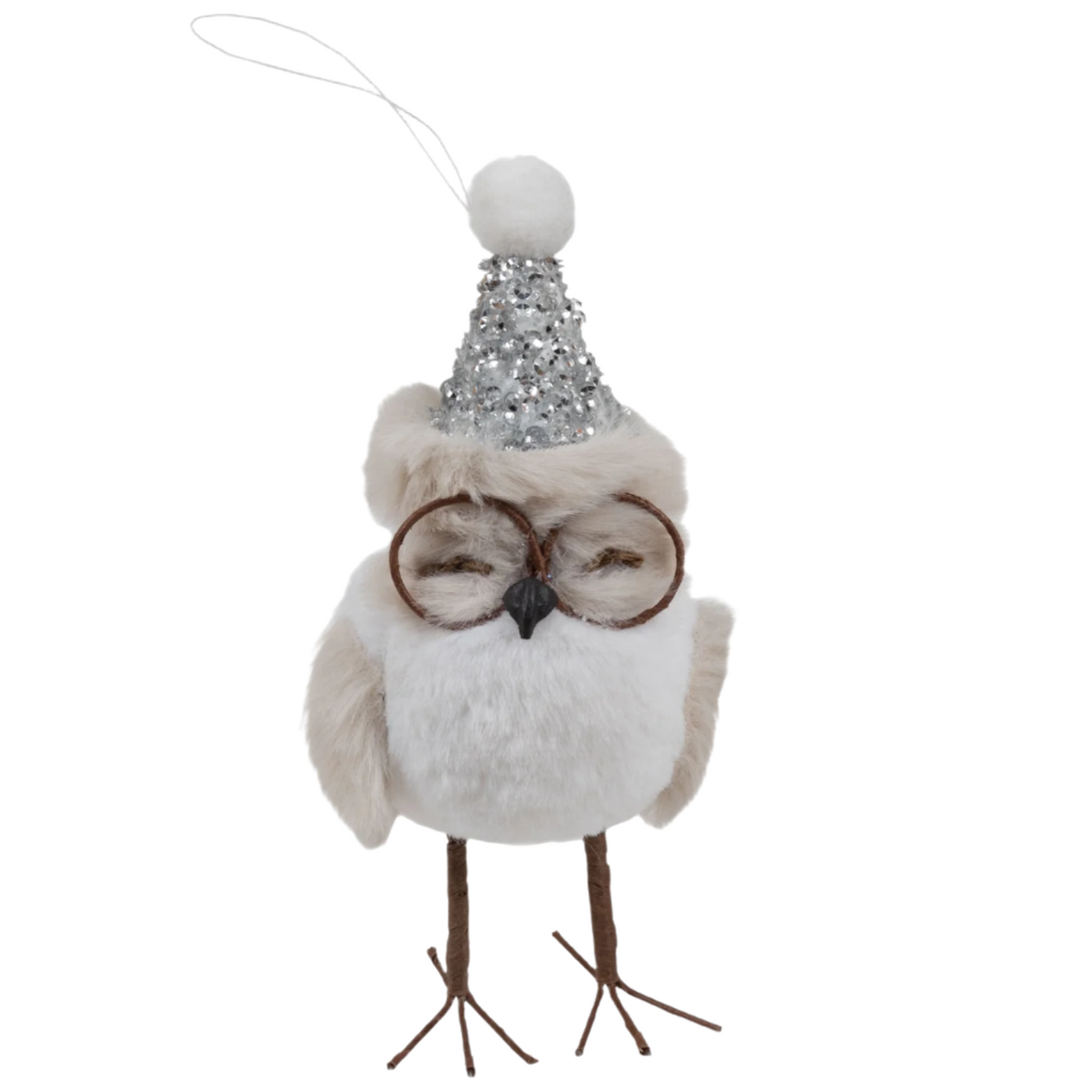 Owl With Silver Sparkle Hat And Glasses Ornament - Eye Closed