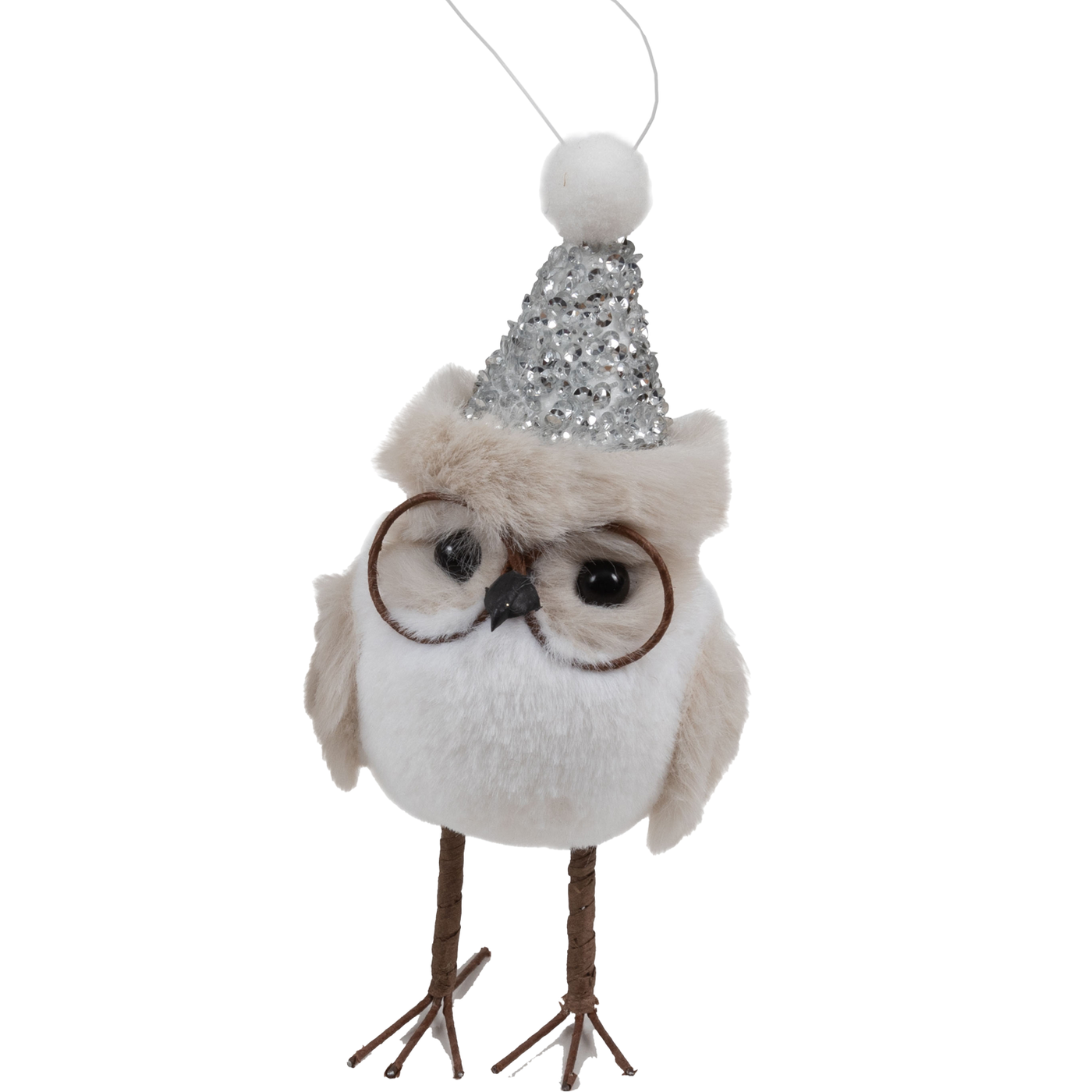 Owl With Silver Sparkle Hat And Glasses Ornament - Eyes Open