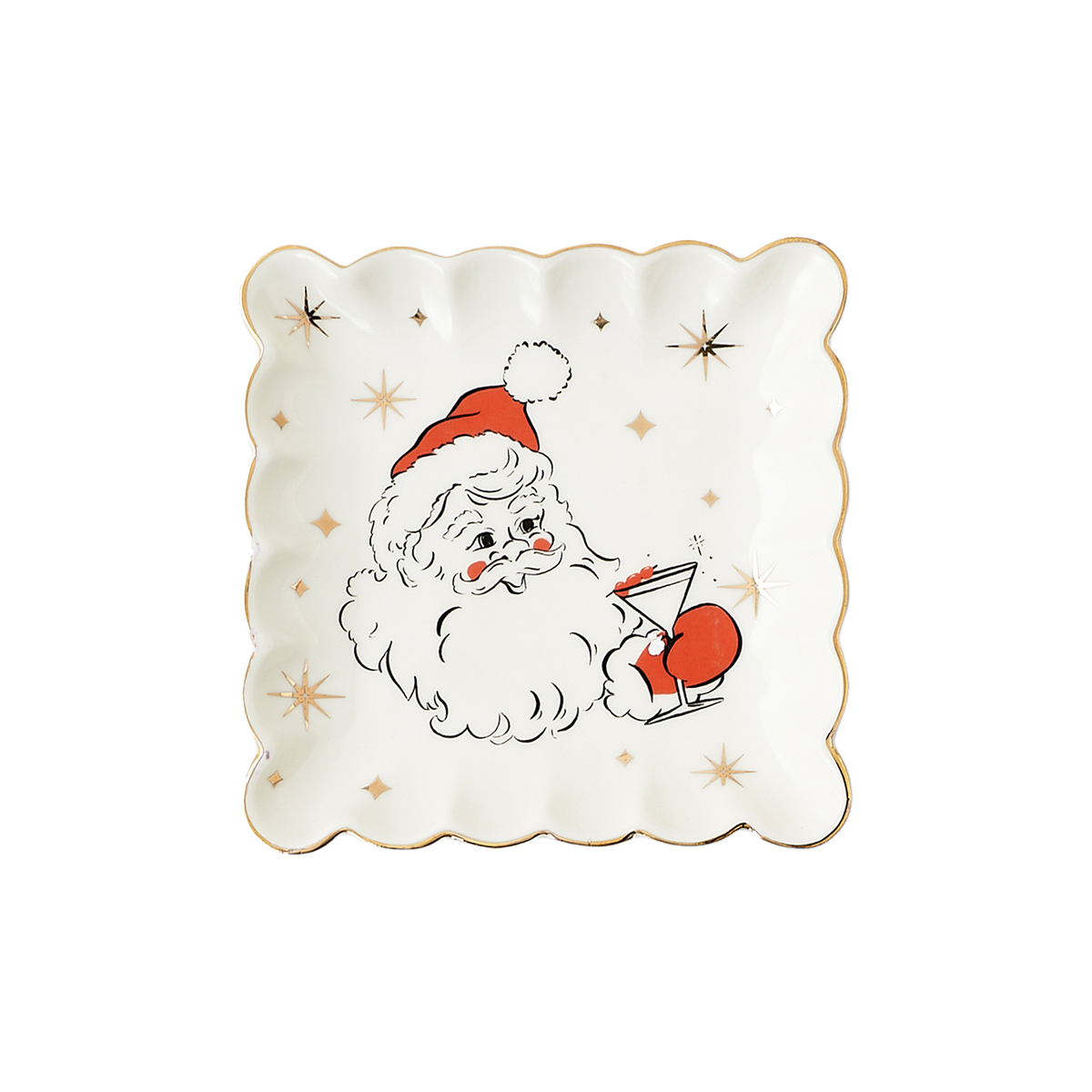 Holiday Cheers Scalloped Square Plate - Santa Drinking
