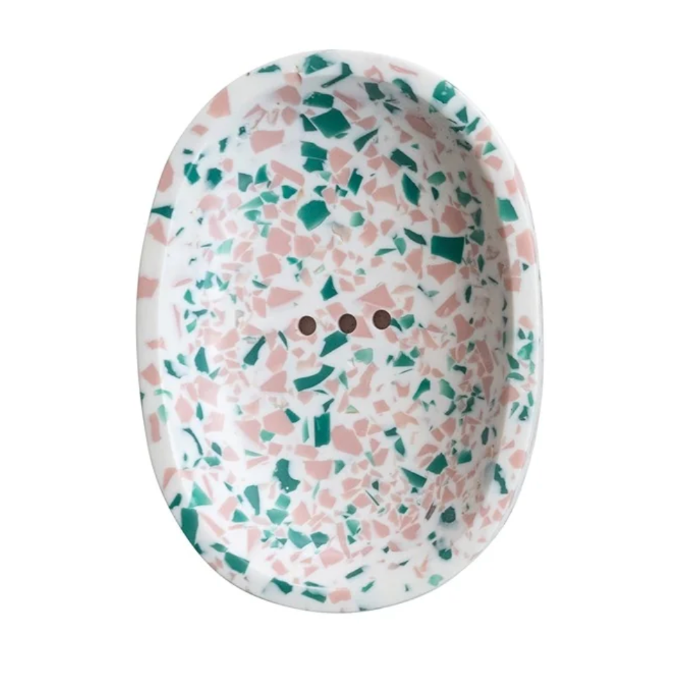 Terrazo Finish Resin Soap Dish - White With Pink & Teal