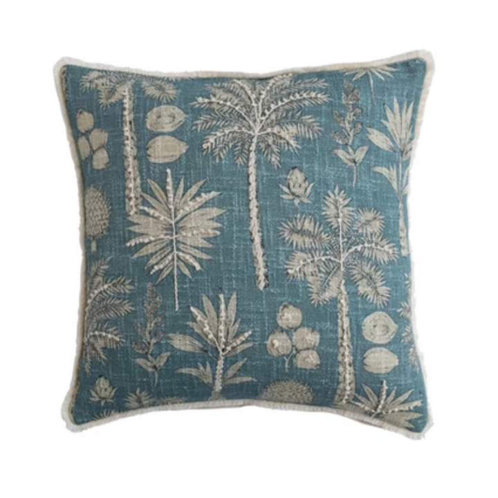 Palm Tree Square Cotton Pillow With Eyelash Fringe - Blue