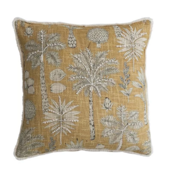Palm Tree Square Cotton Pillow With Eyelash Fringe - Yellow