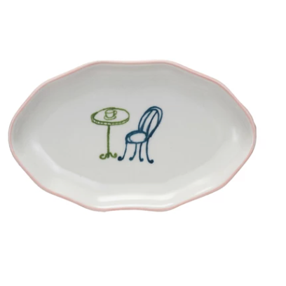Hand-Painted Stoneware Dish- Table And Chair
