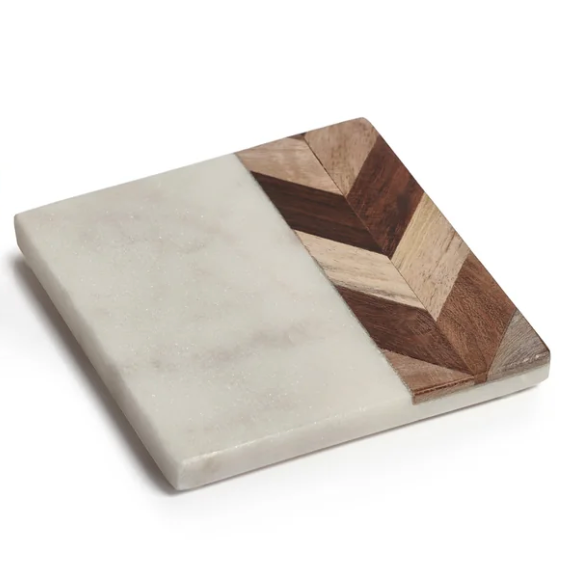 Milan Marble With Chevron Design Wood Coaster