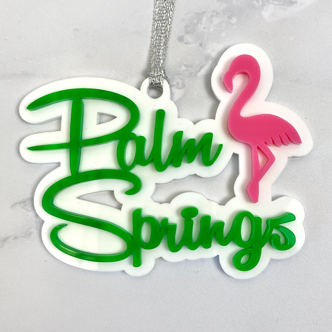 Palm Springs Script With Flamingo Ornament - Lime Green