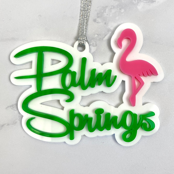 Palm Springs Script With Flamingo Ornament - Lime Green