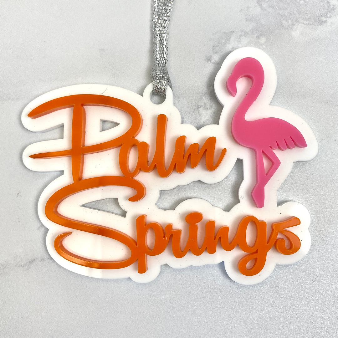 Palm Springs Script With Flamingo Ornament - Orange