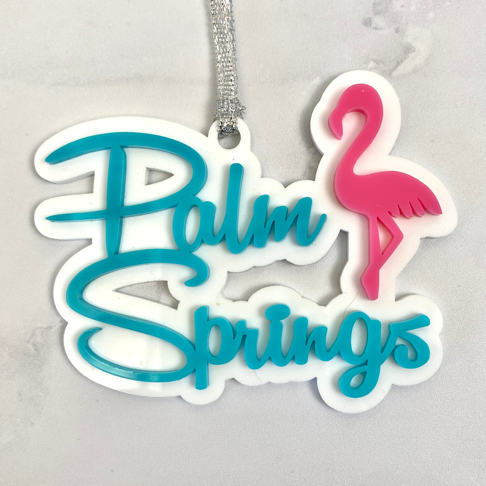 Palm Springs Script With Flamingo Ornament - Aqua - Just Fabulous Palm Springs