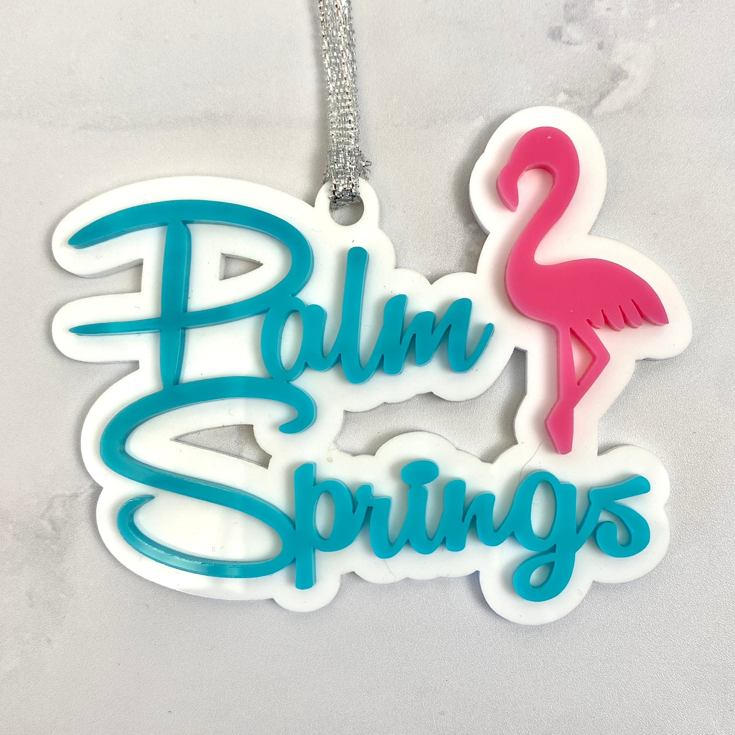 Palm Springs Script With Flamingo Ornament - Aqua - Just Fabulous Palm Springs