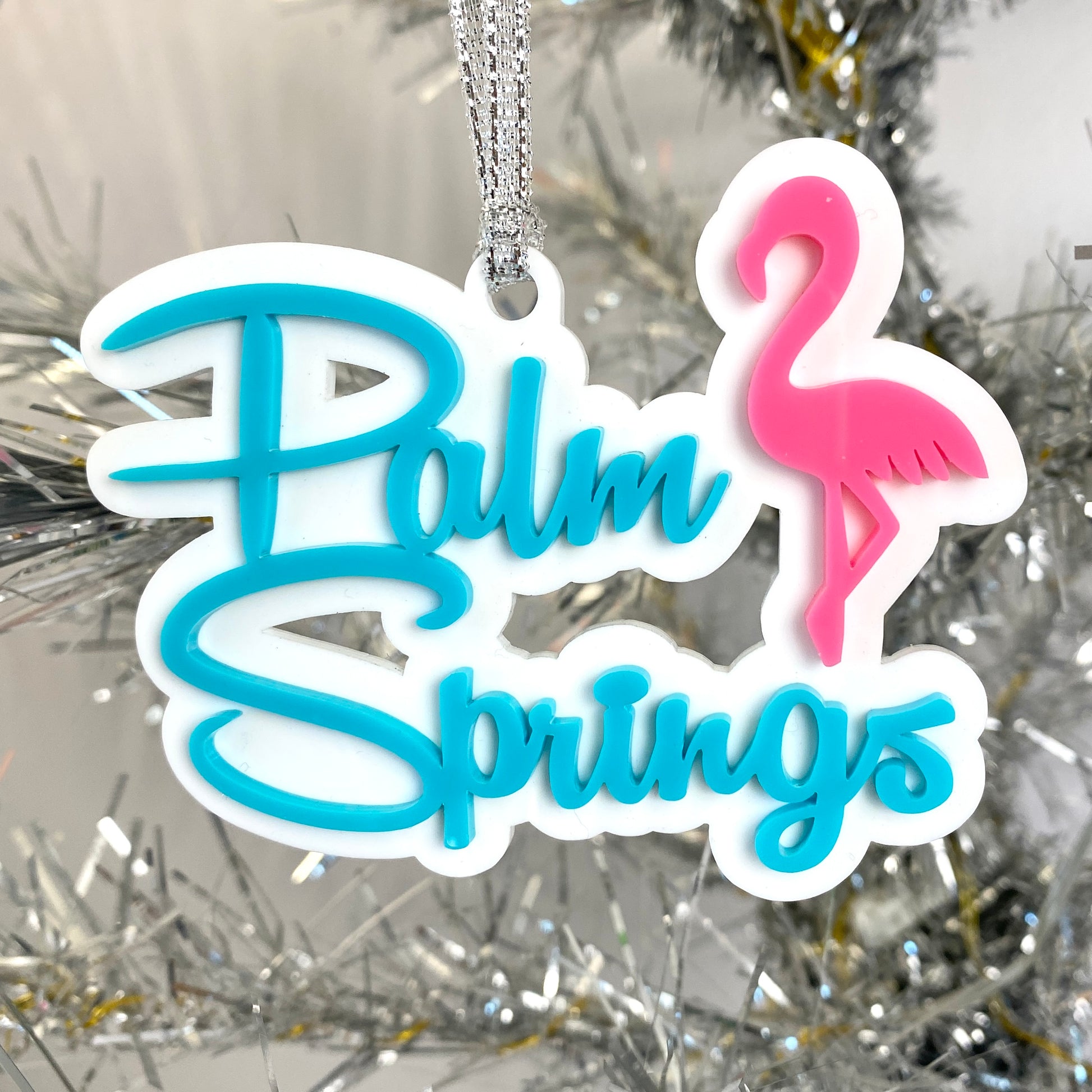 Palm Springs Script With Flamingo Ornament - Aqua - Just Fabulous Palm Springs