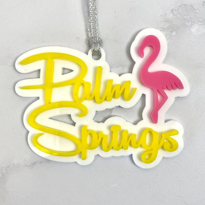 Palm Springs Script With Flamingo Ornament - Yellow