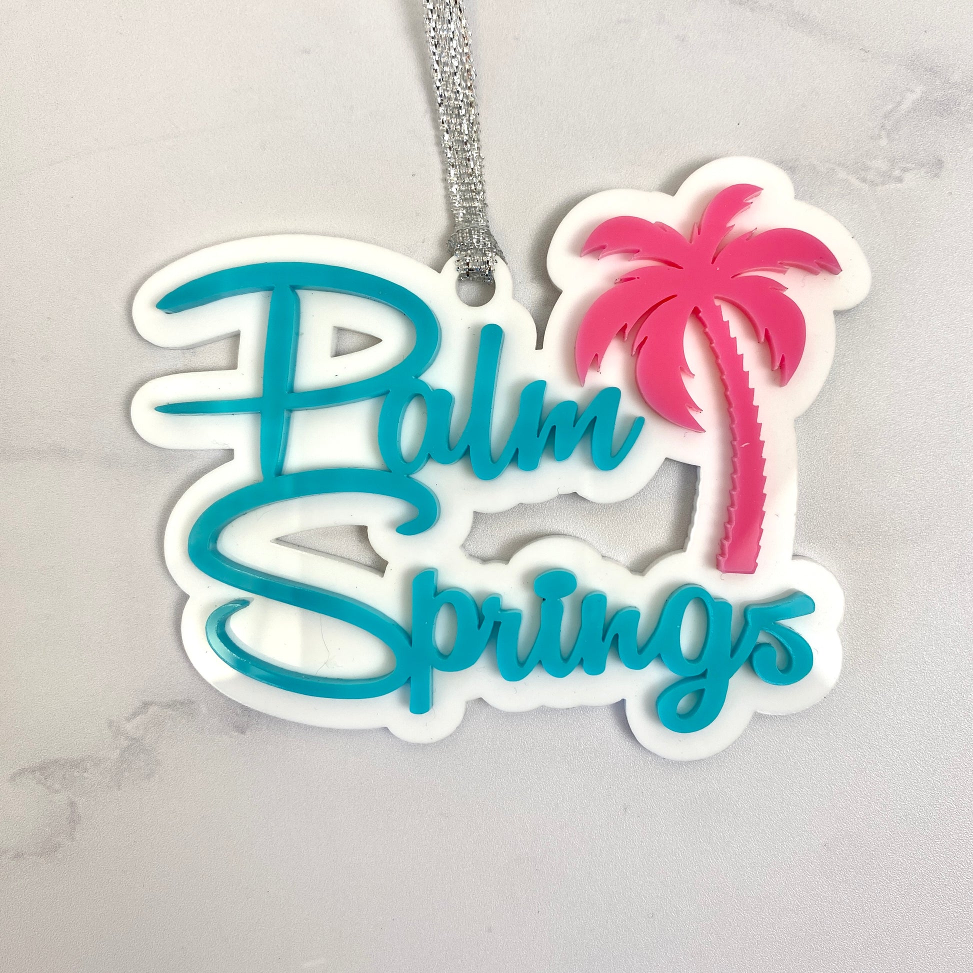 Palm Springs Script With Palm Tree Ornament - Aqua - Just Fabulous Palm Springs