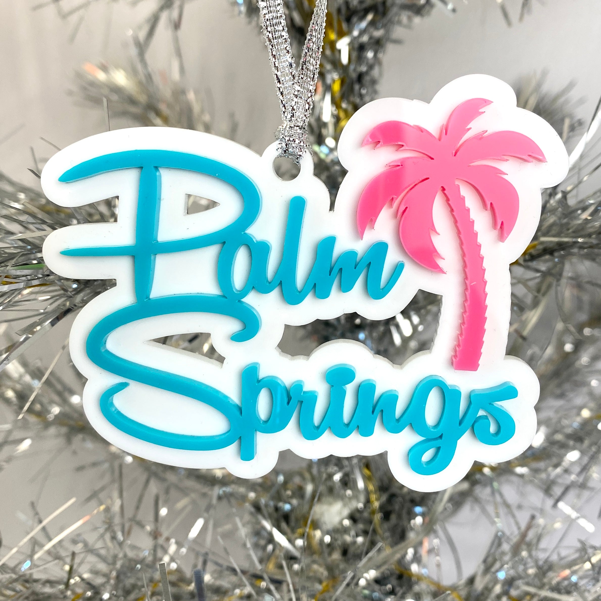Palm Springs Script With Palm Tree Ornament - Aqua - Just Fabulous Palm Springs