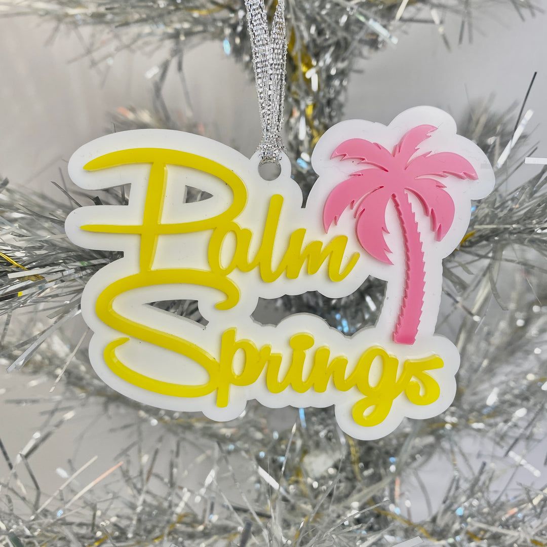 Palm Springs Script With Palm Tree Ornament - Yellow