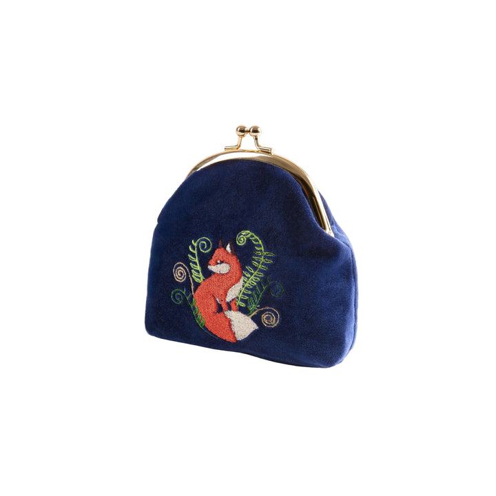 Blue velvet purse with embroidered fox design on a white background