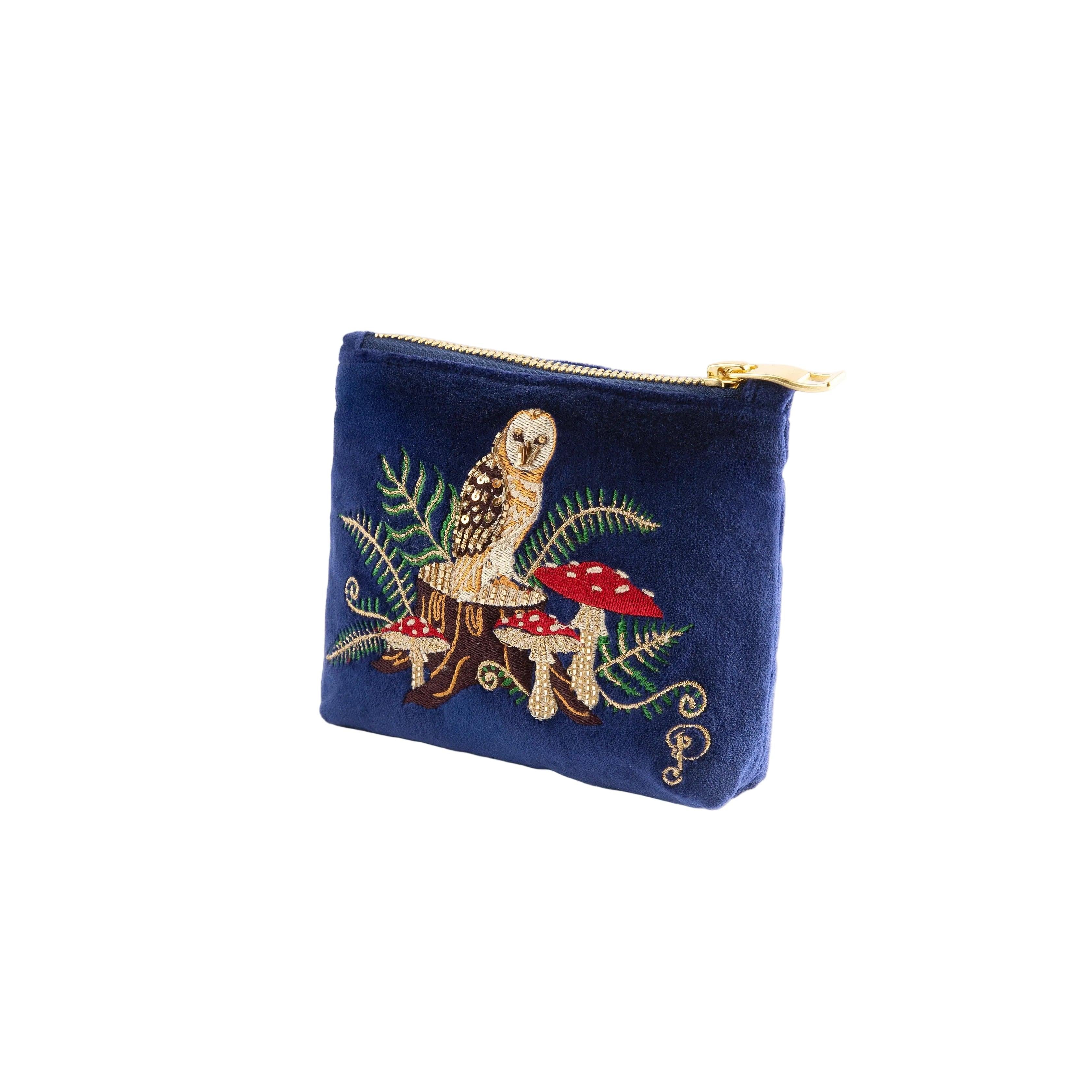 Woodland Owl Velvet Embroidered Mini Pouch