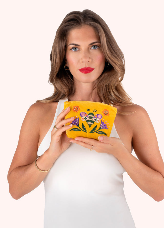 Brilliant Bumblebee Embroidered Velvet Mini Pouch