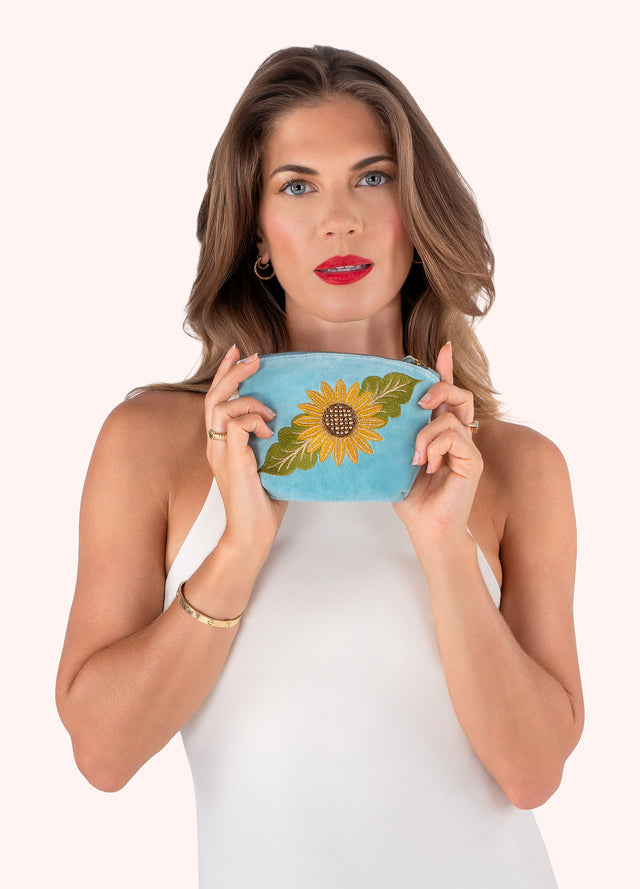 Summer Sunflower Embroidered Velvet Mini Pouch