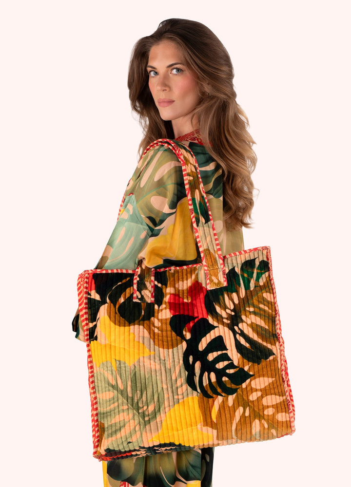 Exotic Leaves Luxe Velvet Quilted Tote Bag