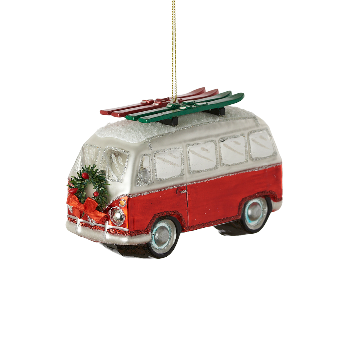 VW Bug Wagon With Skis Ornament - Red