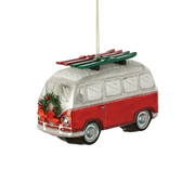 VW Bug Wagon With Skis Ornament - Red