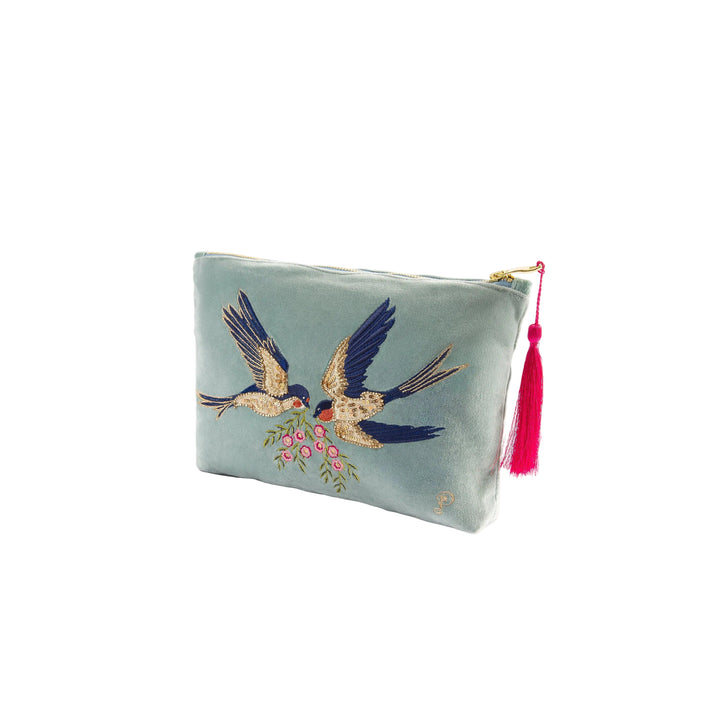 Swooping Swallows Velvet Embroidered Zip Pouch
