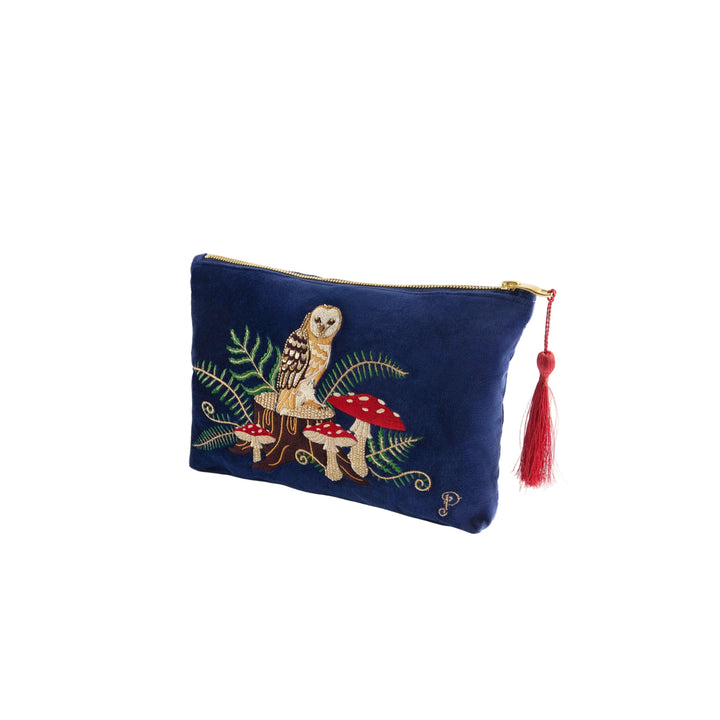 Embroidered pouch with owl design on a white background