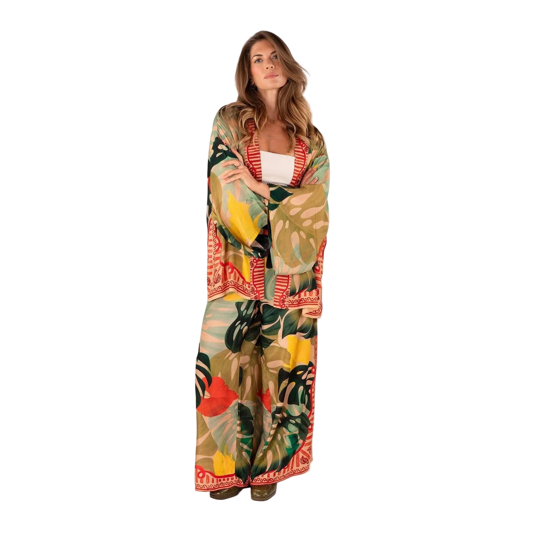 Exotic Leaves Wide Leg Cotton Trousers
