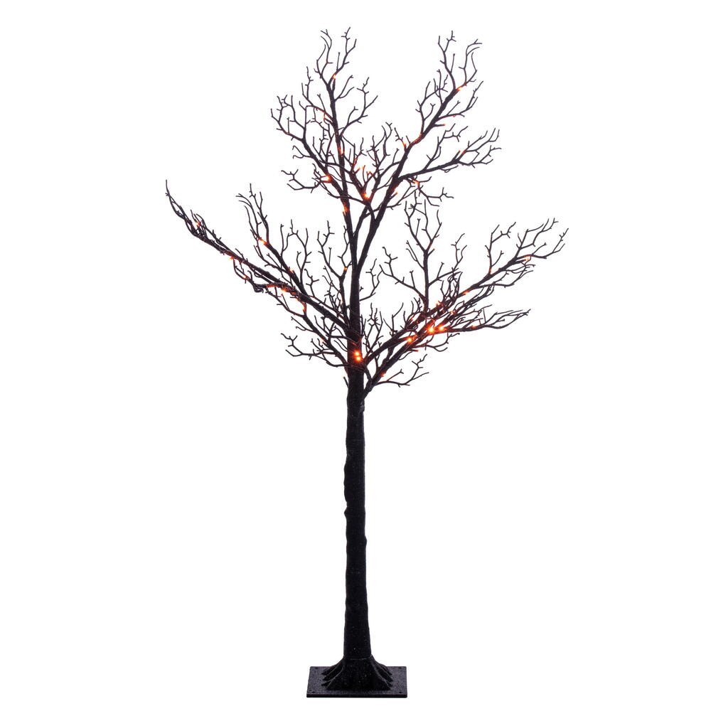 Black Twig Tree - 4' Pre-Lit With 48 Purple & Orange LED Lights