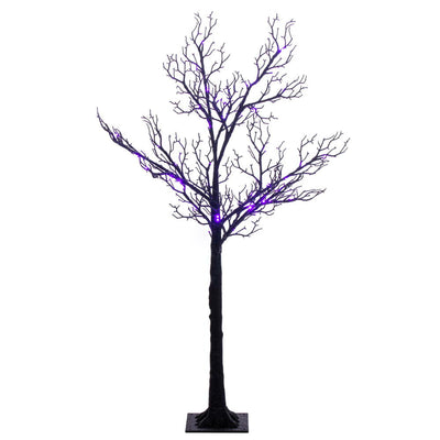 Black Twig Tree - 4' Pre-Lit With 48 Purple & Orange LED Lights