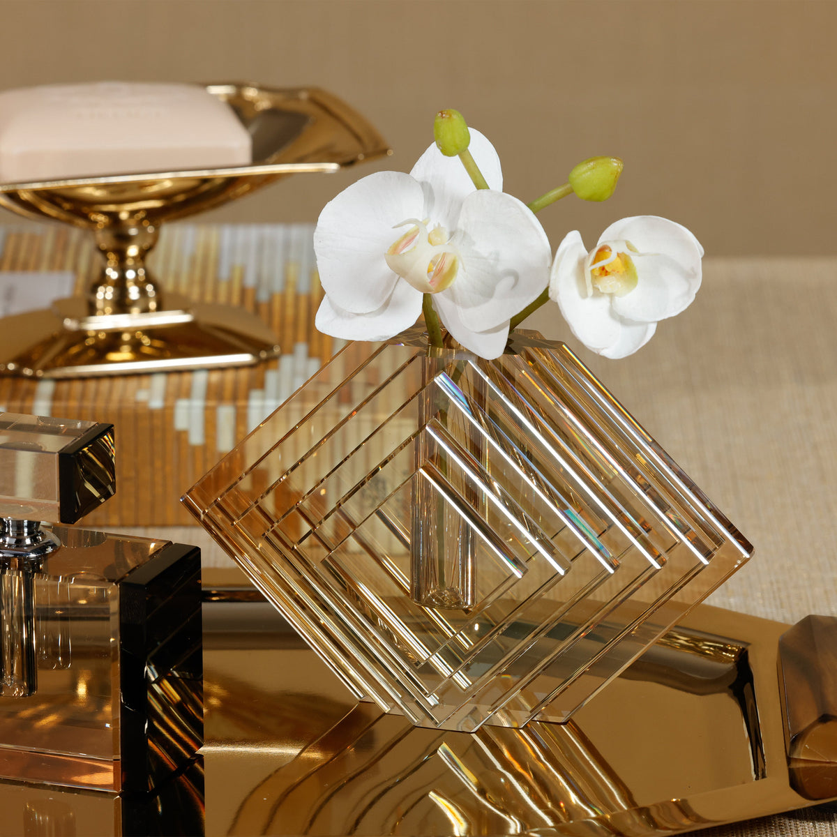 Stacked Concentric Diamond Motif Crystal Glass Vase - Small