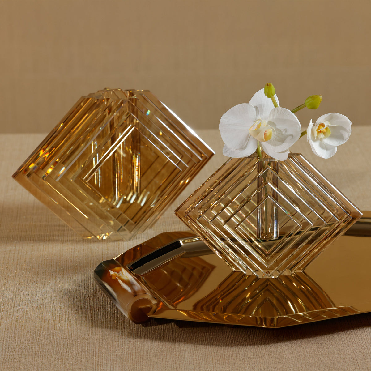 Stacked Concentric Diamond Motif Crystal Glass Vase - Small