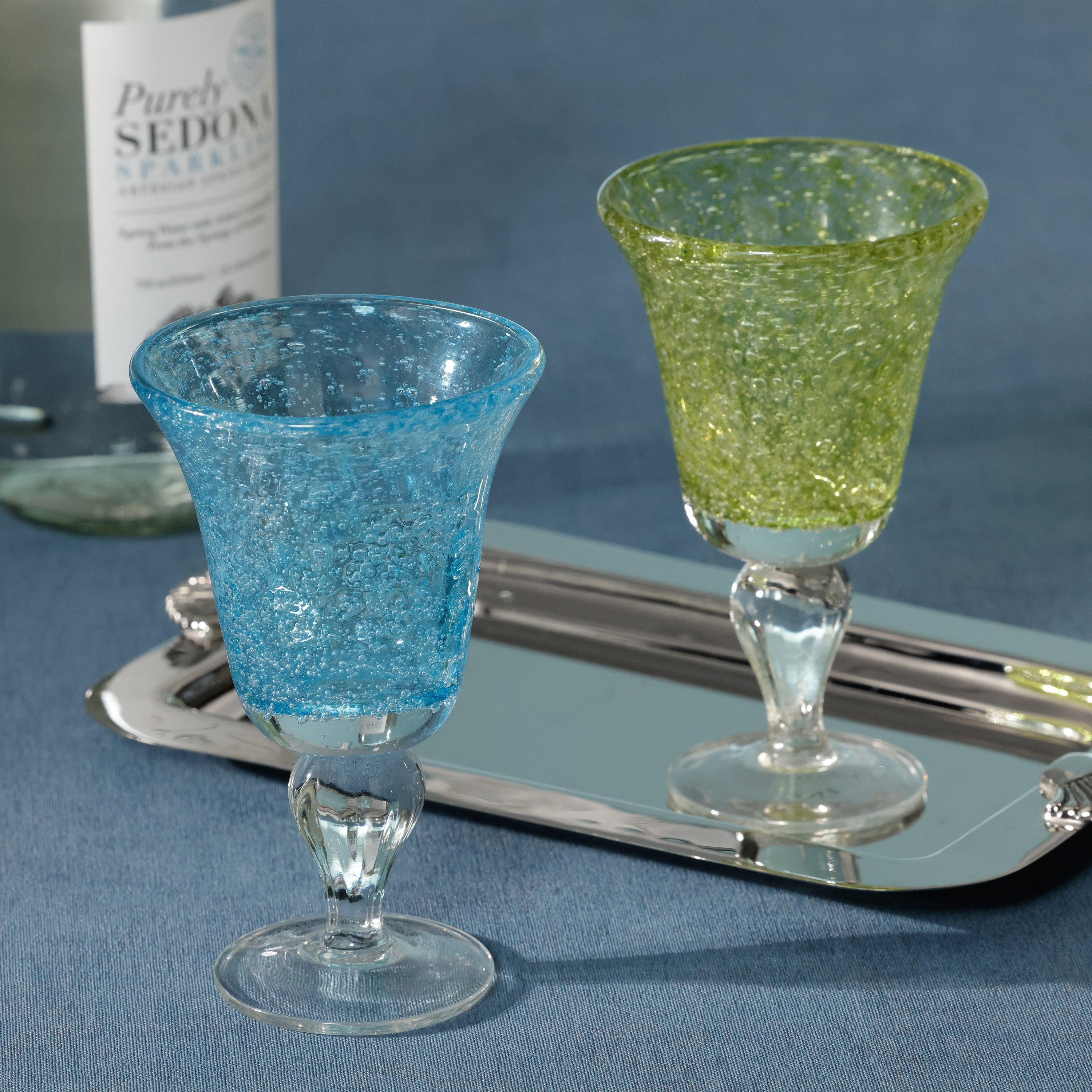 Antibes Wine Glass - Blue On Clear Base