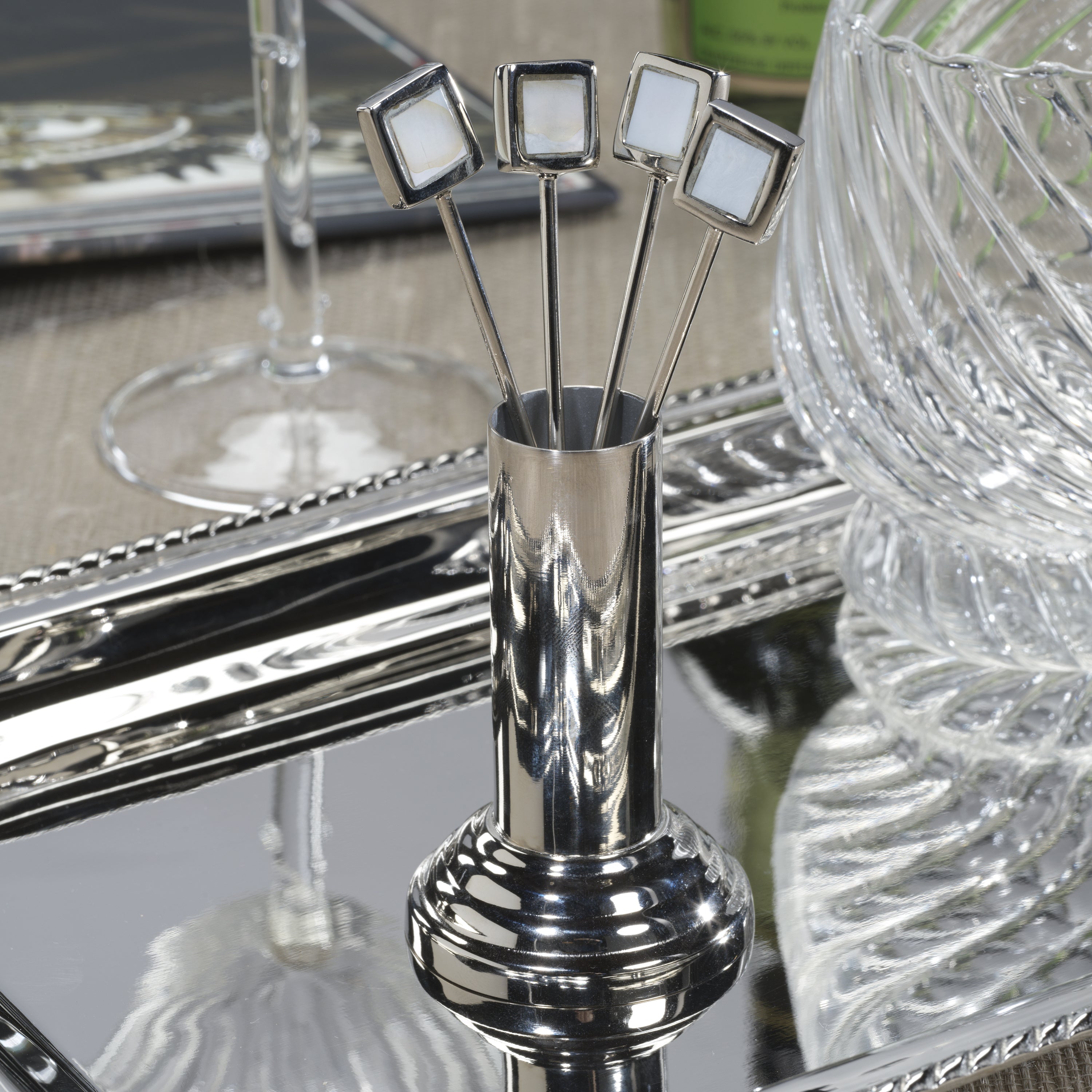 Spiga Polished Nickel Cocktail Picks With Stand - Mother Of Pearl