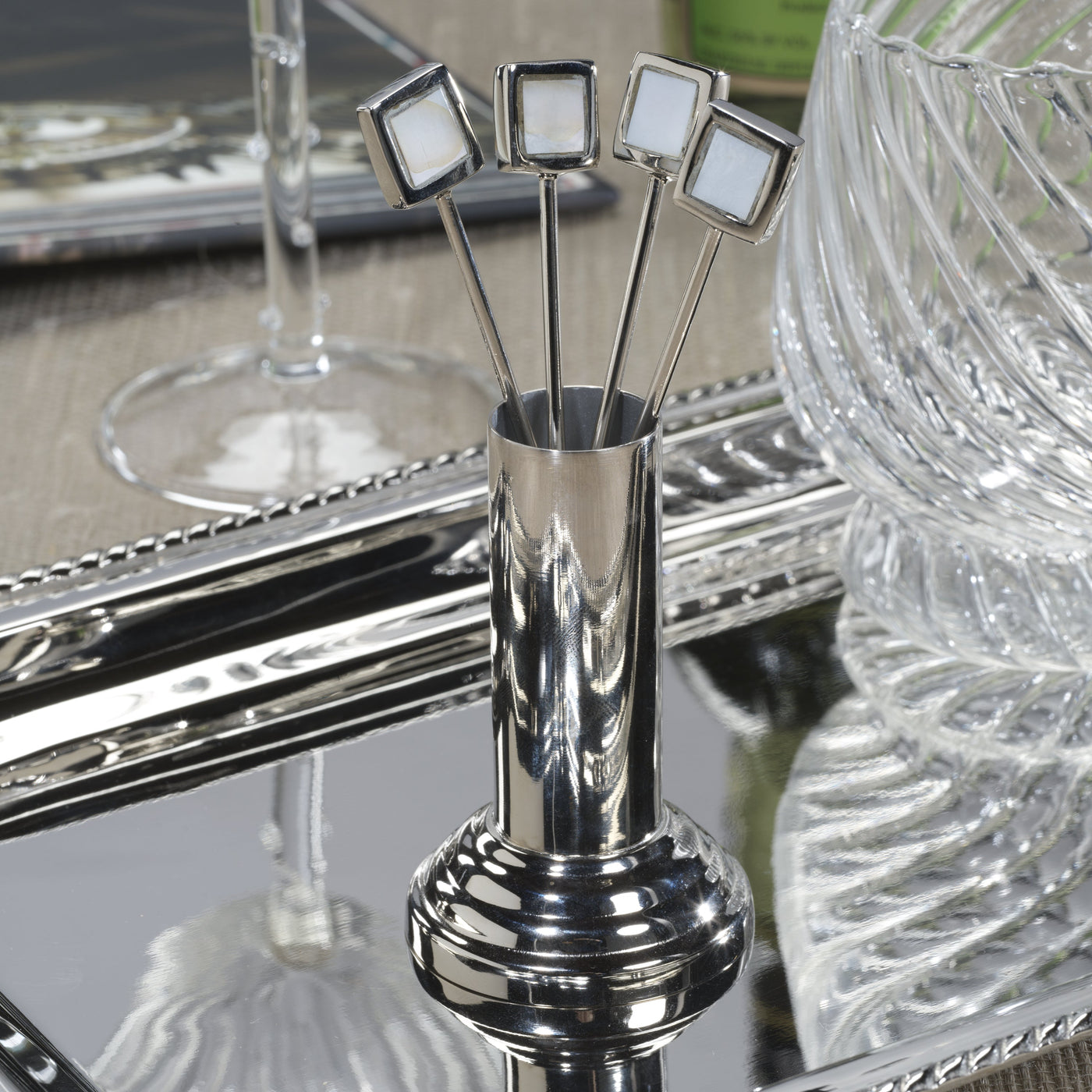 Spiga Polished Nickel Cocktail Picks With Stand - Mother Of Pearl