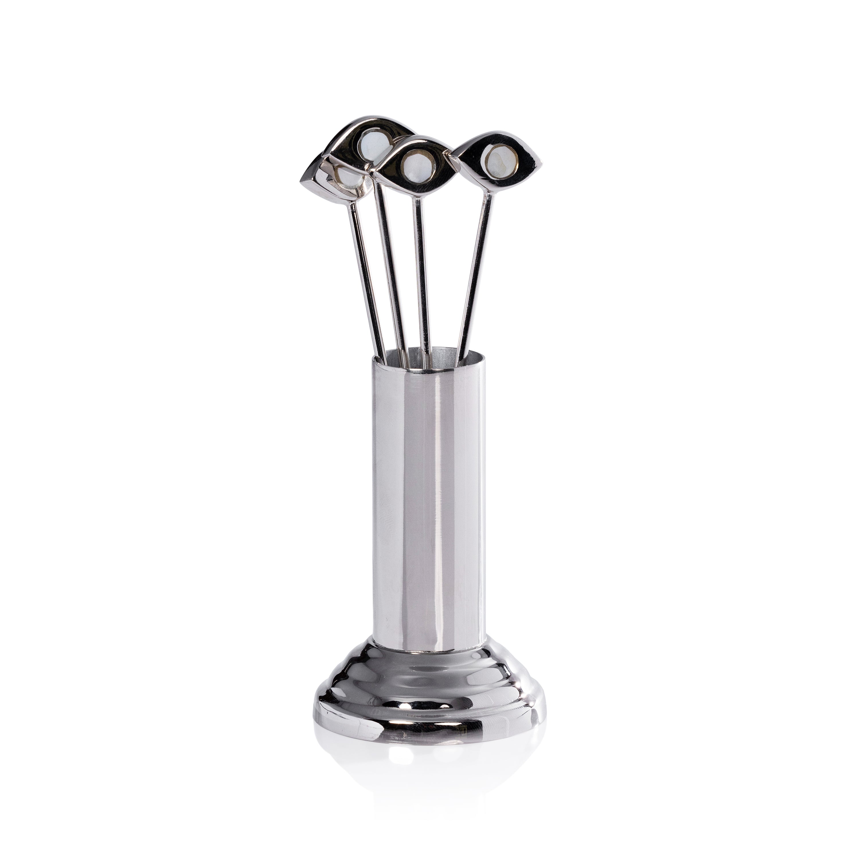 Evil Eye Polished Nickel Cocktail Picks With Stand - Mother Of Pearl