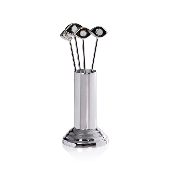 Evil Eye Polished Nickel Cocktail Picks With Stand - Mother Of Pearl