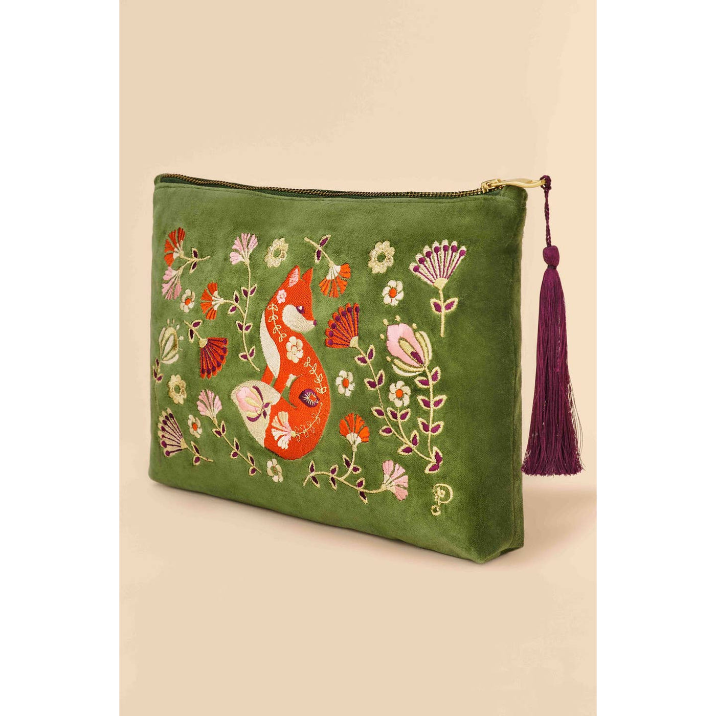 Scandinavian Fox Velvet Embroidered Zip Pouch